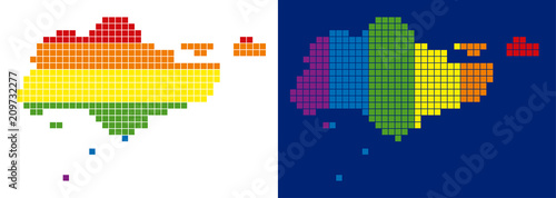 Dot LGBT Singapore map variants. Vector geographic maps in spectral colors with vertical and horizontal directions on white and blue backgrounds.