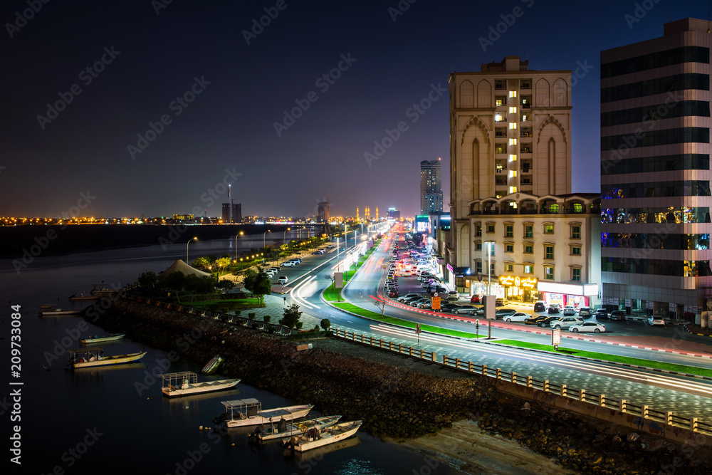 Ras Al Khaimah Corniche road and creek at dusk, the heart of northern emirate in UAE