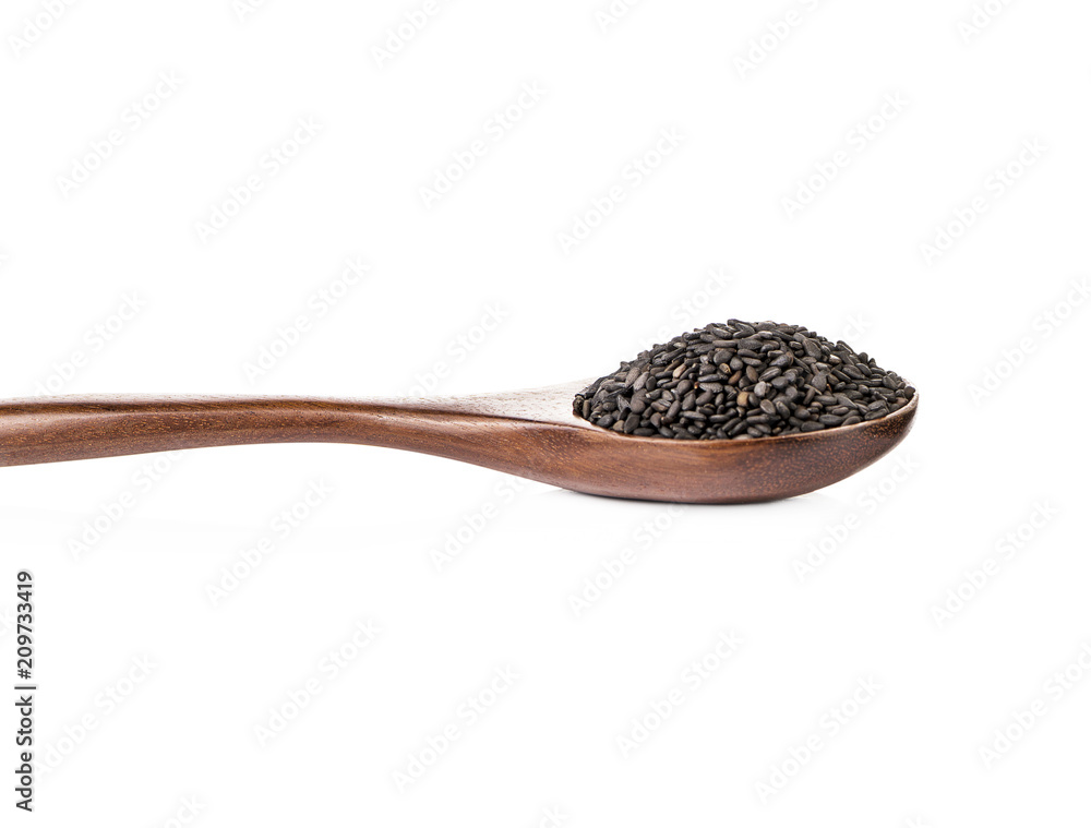 Wooden spoon with poppy seeds on a white background Wooden spoon with poppy seeds on a white background