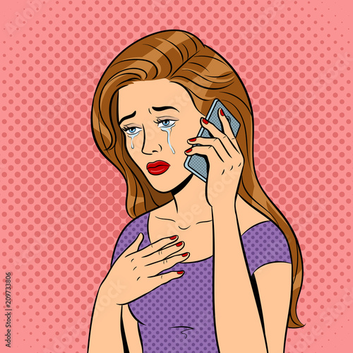 Crying girl with phone pop art vector