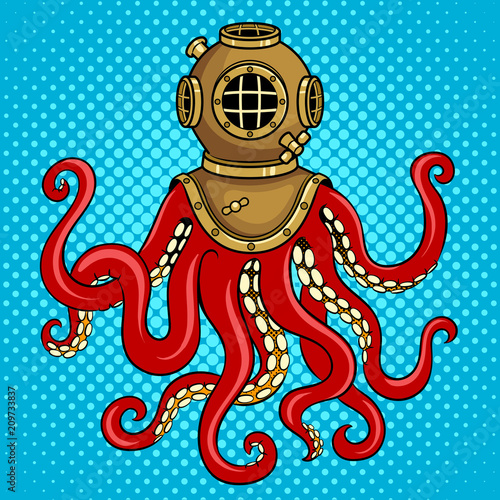 Octopus and old diver helmet pop art vector