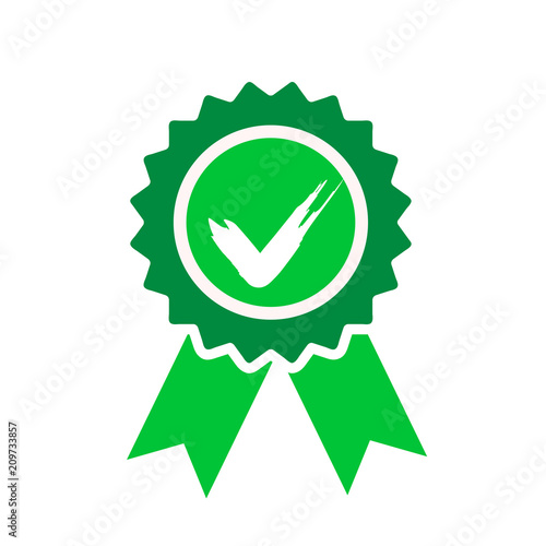 Green approved or certified medal icon in a flat design with shadow
