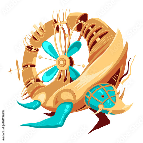 Robot-turtle with yellow and turquoise metal parts and a propeller. Donut shaped hollow turtle robot. Exotic metal turtle for a mascot. Robot-turtle for a logotype. Funky metal hybrid of robot and tur
