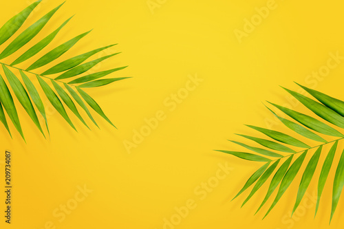 Green palm leaves on yellow background, flat lay. Travel concept