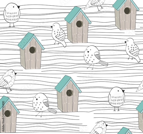 Vector seamless background with birdhouse and birds