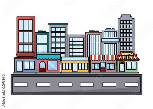 street with city buildings and stores over white background, colorful design. vector illustration