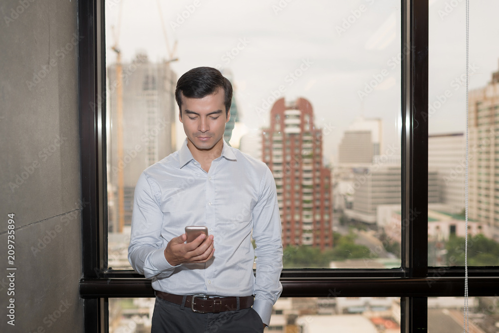 Fototapeta premium Handsome businessman using on the phone in office with cityscape background.