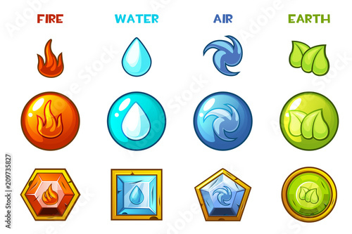 Cartoon four natural elements icons - Earth, Water, Fire and Air