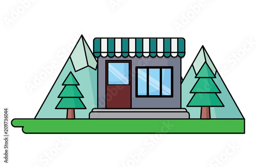 store and trees over white background, colorful design. vector illustration