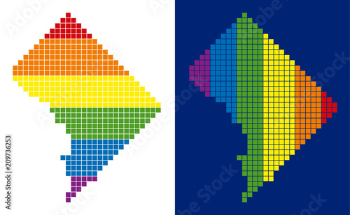 Dot LGBT Washington DC map versions. Vector geographic maps in spectral colors with vertical and horizontal directions on white and blue backgrounds.