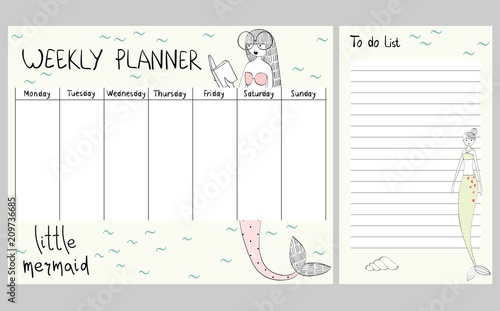 Hand drawing vector weekly planner with mermaids.