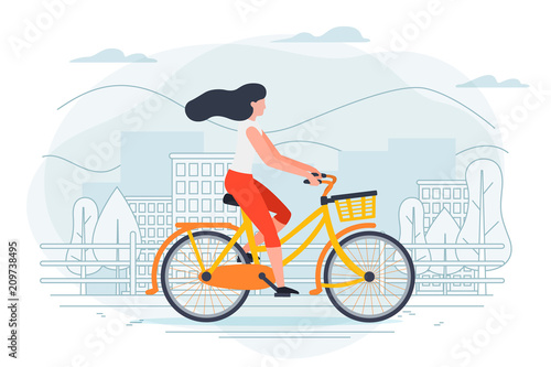 Vector banner template with girl on a bike. City, trees and hills on a blue background.