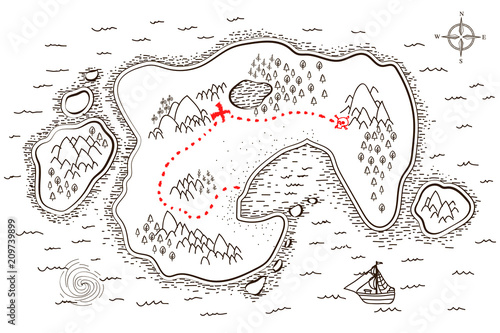Ancient pirate map with red path to treasure on white
