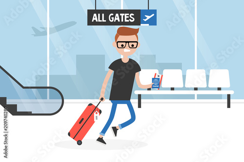 Young late passenger running through the airport terminal, holding the luggage, documents and boarding pass. Travel. Flight. Tourist. Concept. Flat editable vector illustration, clip art