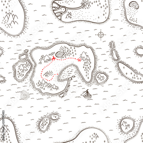 Ancient pirate map with red path to treasure, seamless pattern