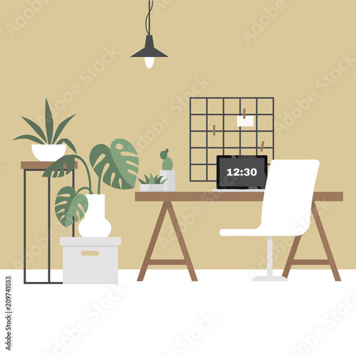 Workplace. Design bureau. Workspace. Modern scandinavian interior. Flat editable vector illustration, clip art. Stylish and cozy. No people.