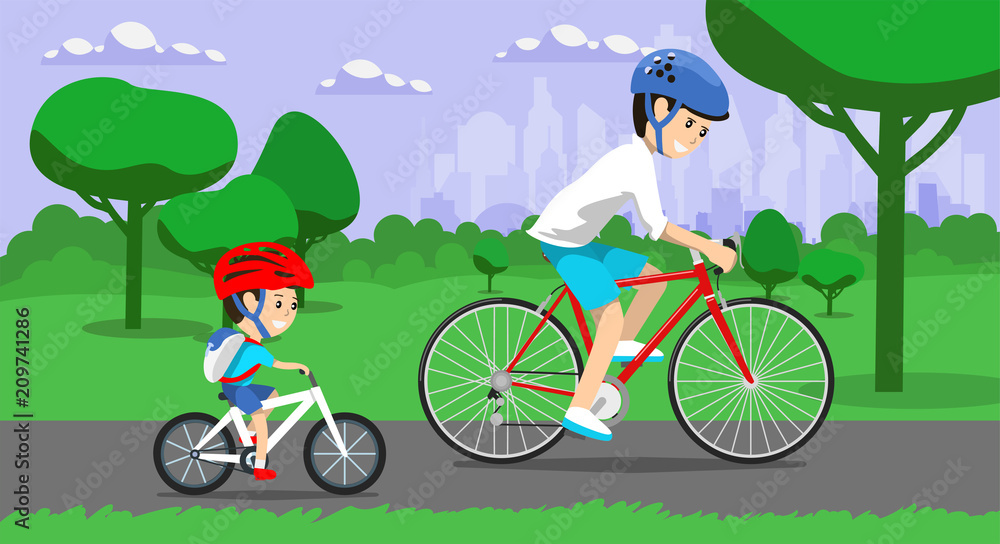 Father and son riding bikes in town park. Vector illustration
