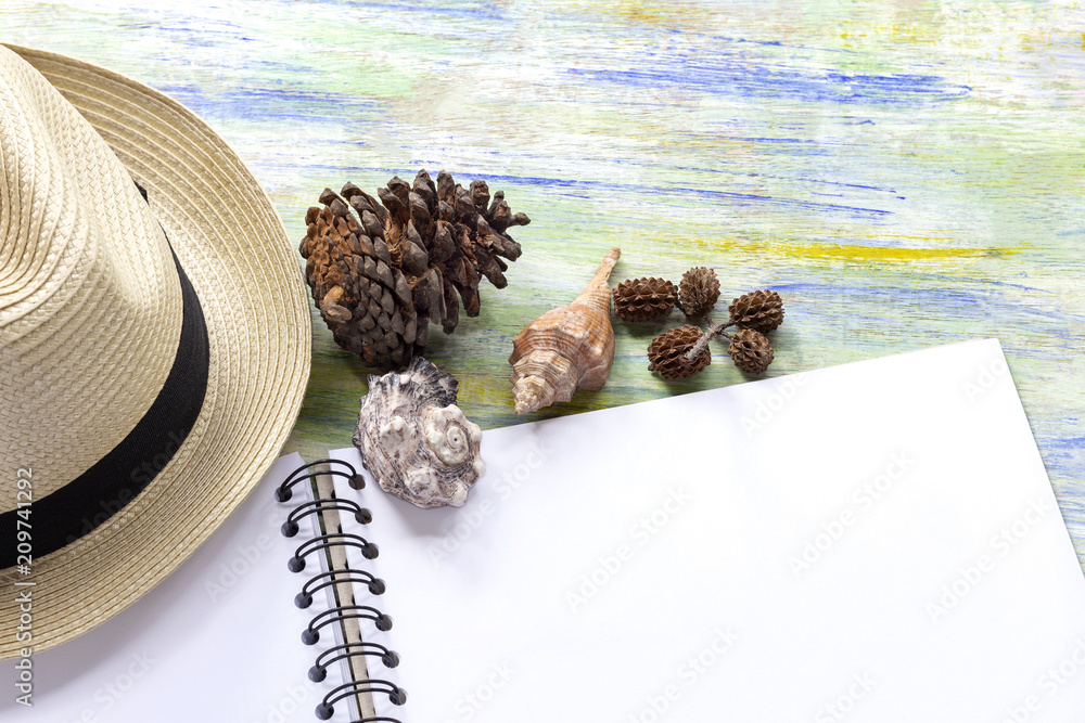 Naklejka premium Straw hat, seashells and notebook on colorful wooden with travel or vacation concept.