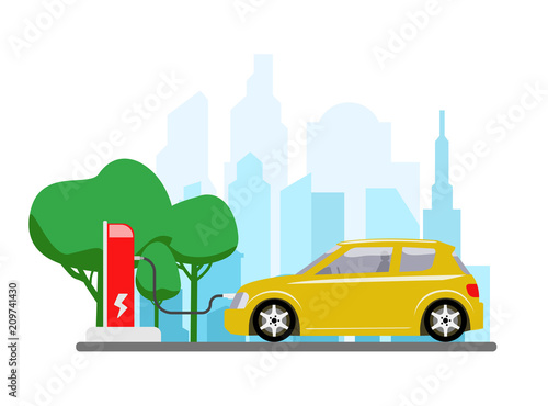 Electric car charging at refuelling power station. Modern vehicle technology. Vector illustration