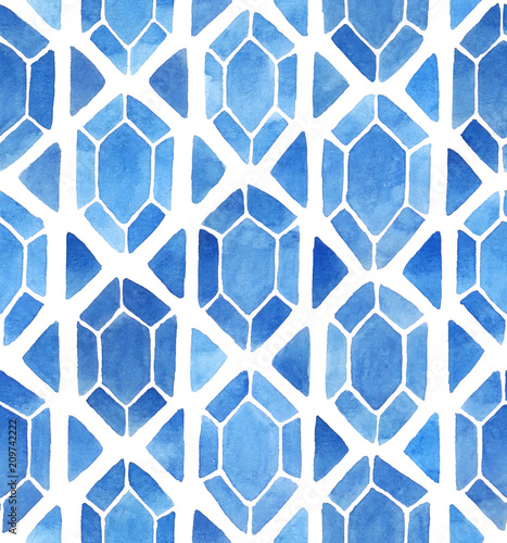 Seamless watercolor geometric pattern. Hand painted mosaic background with diamonds and triangles in blue. Stained glass imitation