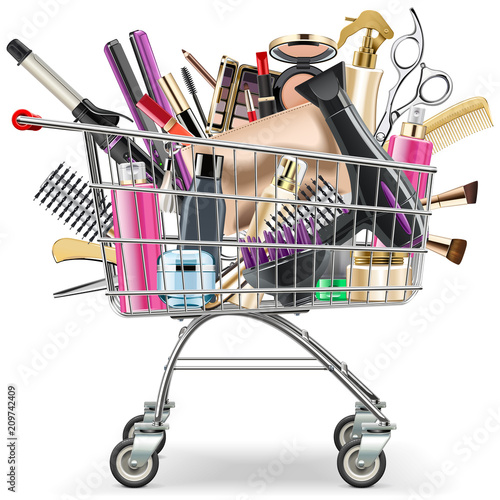 Vector Supermarket Cart with Professional Cosmetics