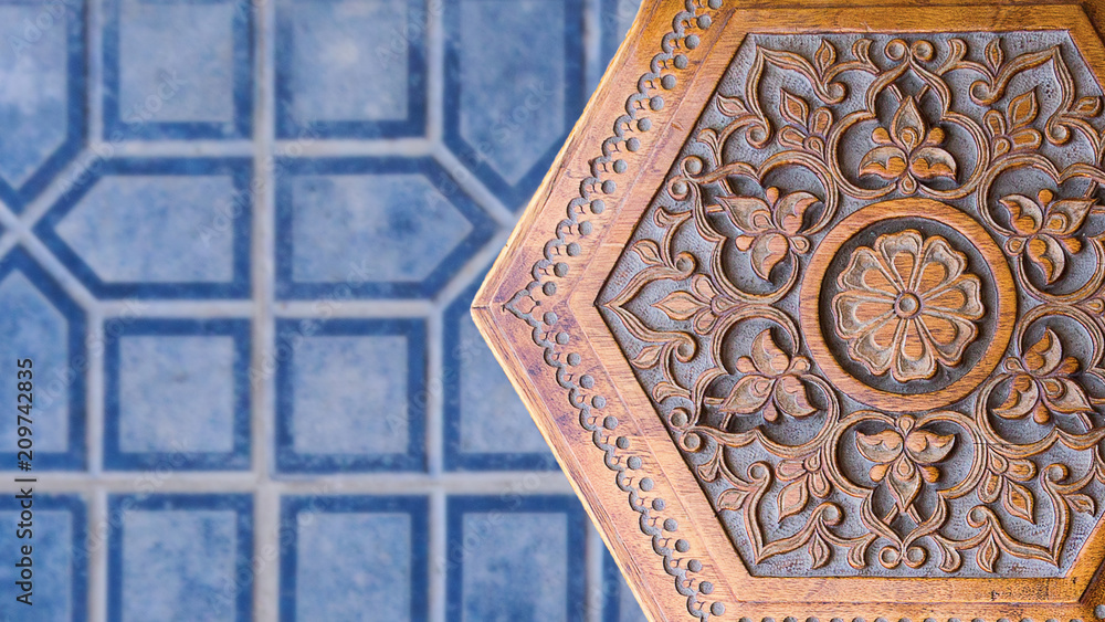 Islamic Art. Wooden stool with middle eastern islamic uzbek ornament. Handmade wooden chair made by uzbek master with curved ornaments. Original Islamic Inlayed Table