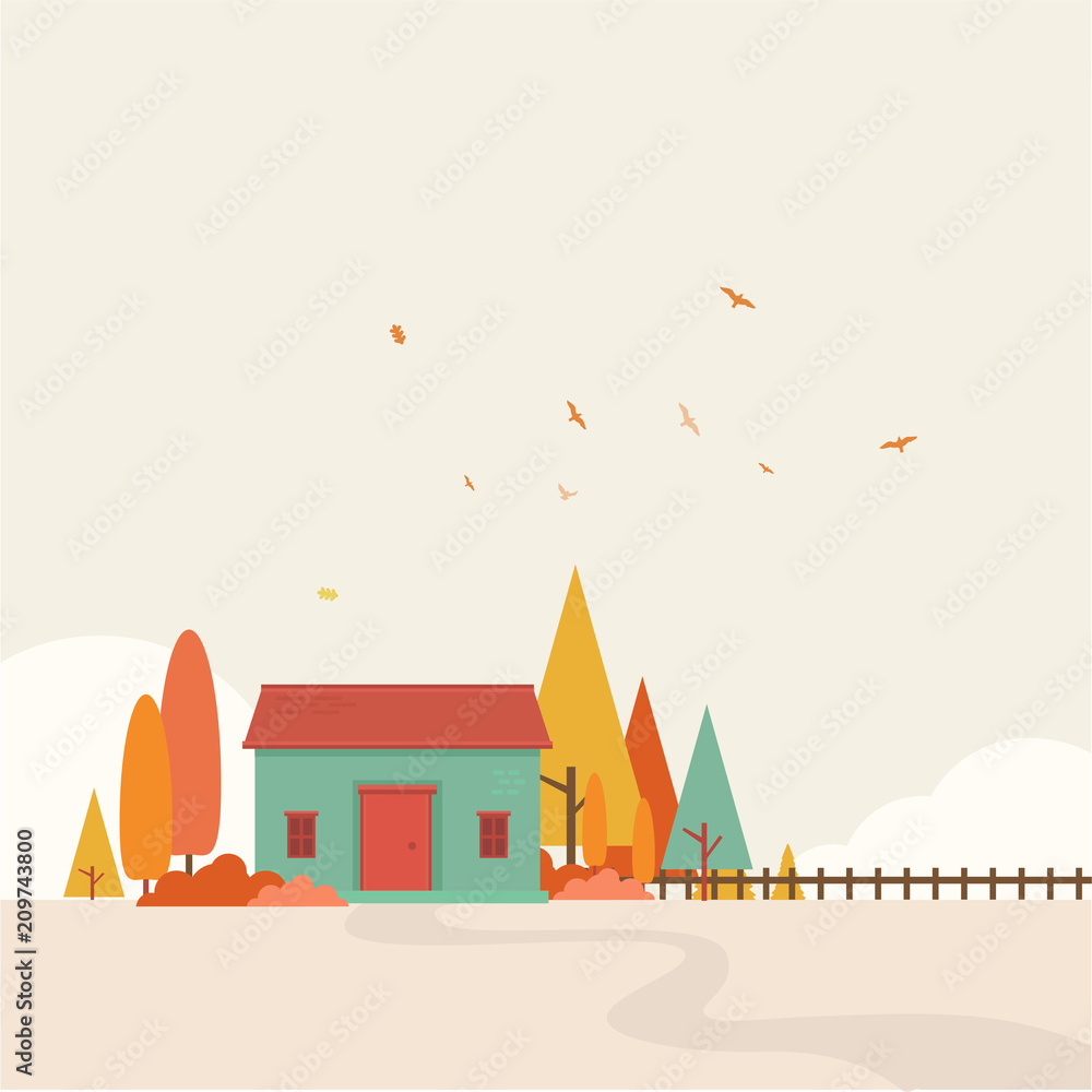 House Autumn Landscape Vector Beautiful Background Illustration