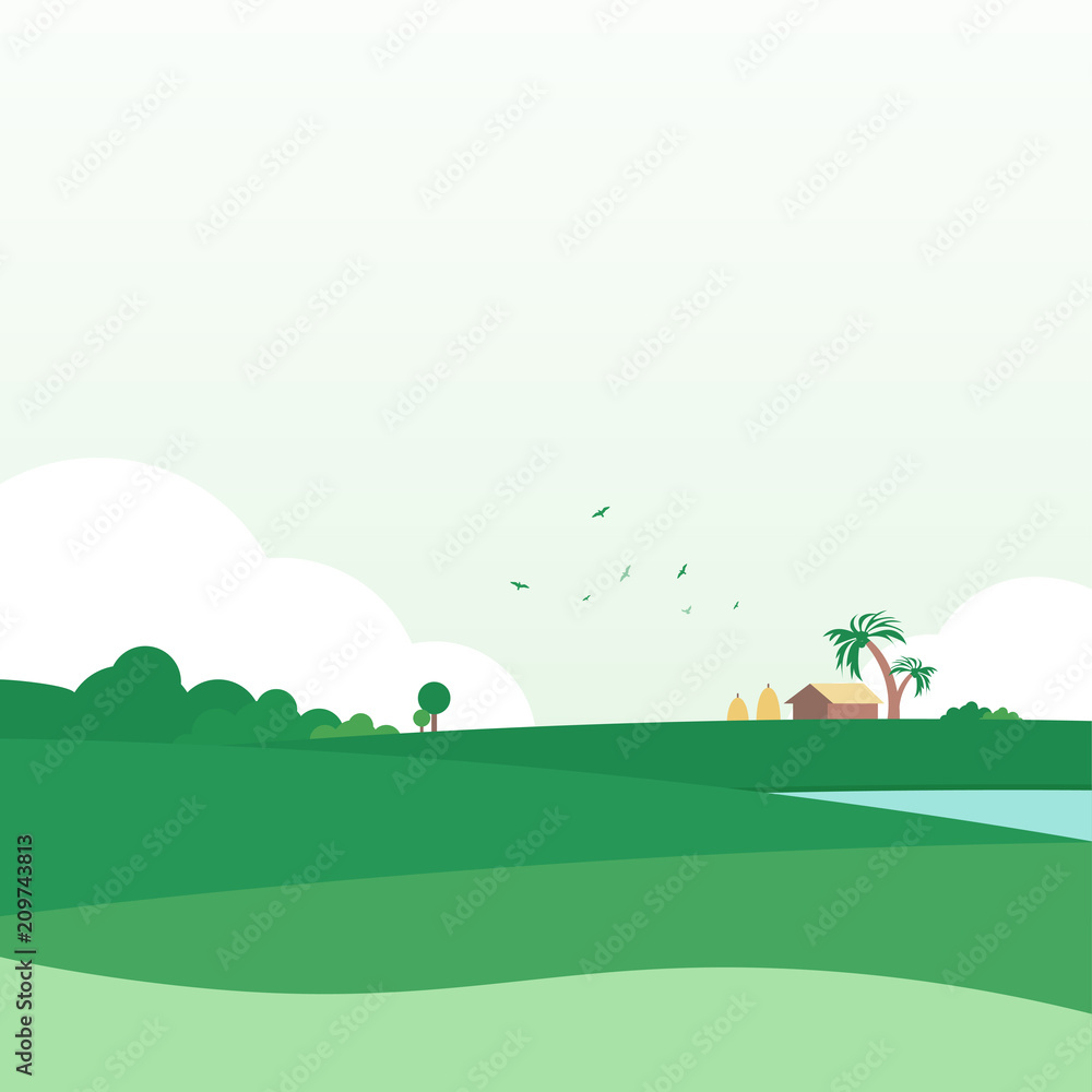 Nature Landscape Green Water Trees House Forest Grass Fields Vector Beautiful Background Illustration