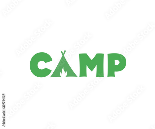 Camp vector sign. Camping logo design with tent and fire