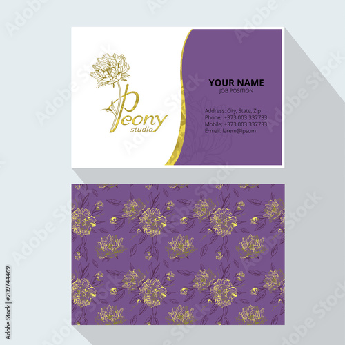 Peony logo.  Vector business cards design template with monogram letter P and gold peony  flowers on white background. Romantic design for natural cosmetics, perfume, women products. Peony studio.