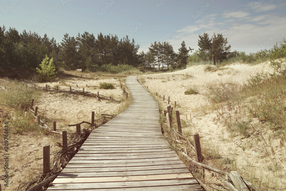 Dunes with wooden walkway over sand near Baltic sea. Board way over sand of beach dunes in Lithuania. Dunes with wooden walkway over sand near Baltic sea. Board way over sand of beach dunes in Lithuania.