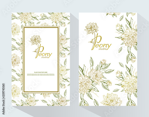 Peony logo.  Vector Brochure flyer design template with monogram letter P and gold peony  flowers on white background. Romantic design for natural cosmetics, perfume, women products. Peony studio.