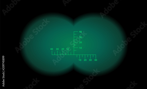 Binocular view with optical sight. Night vision style.