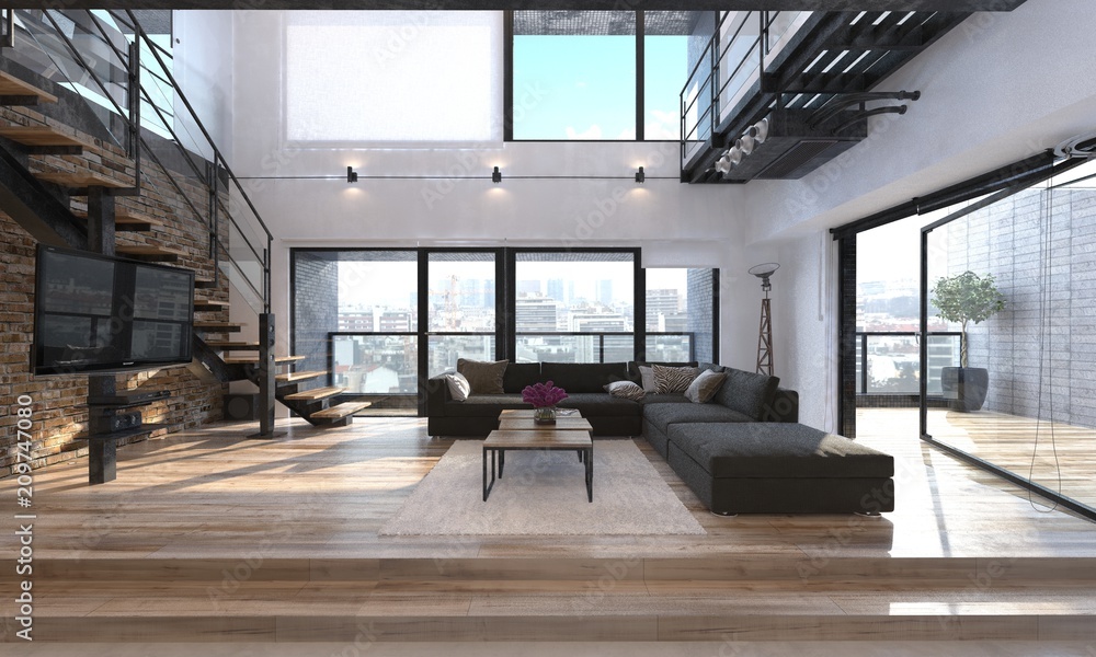 Modern living room interior in a penthouse - obrazy, fototapety, plakaty 
