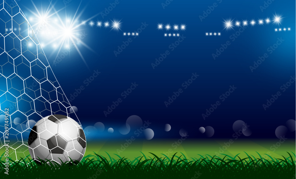 Naklejka premium Soccer ball in goal on grass with spotlight vector illustration