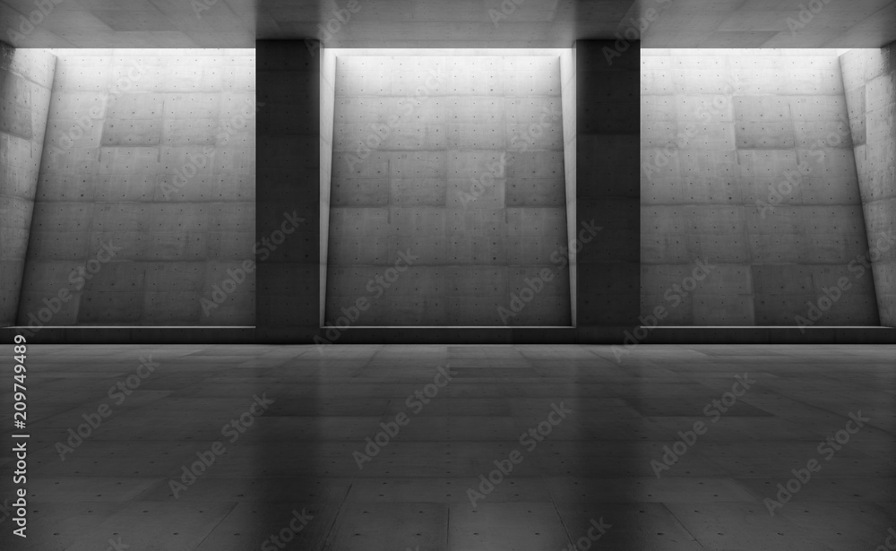 Abstract concrete showroom with columns. Modern geometric design. Gray floor and wall background. 3d rendering Abstract concrete showroom with columns. Modern geometric design. Gray floor and wall background. 3d rendering