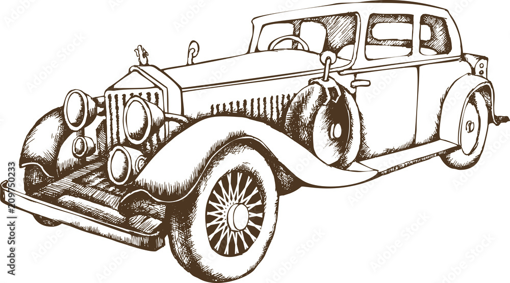 Vintage avto. Engraved style. Vector illustration