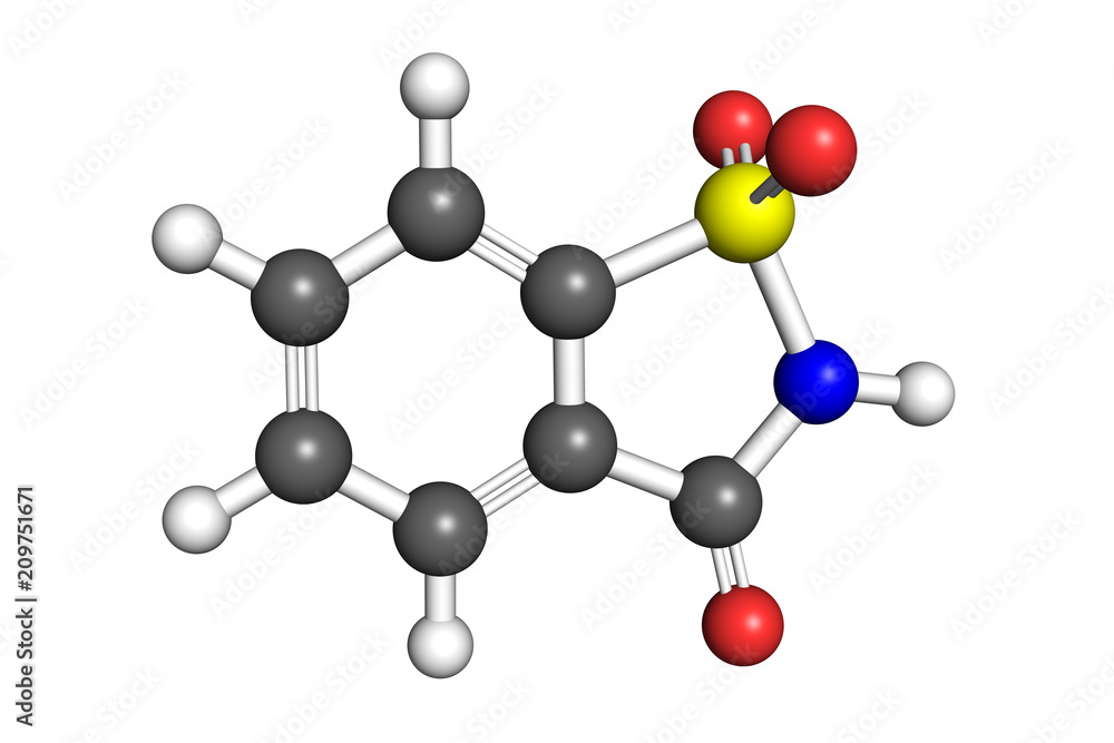 Saccharin molecule, ball-and-stick model Saccharin molecule, ball-and-stick model