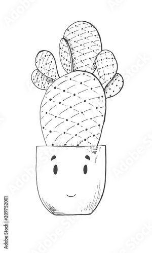 Sketch of a cactus in a nice pot. Vector illustration in sketch style.