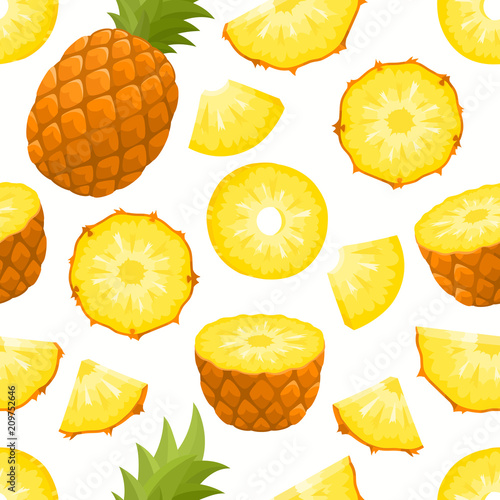 Vector pattern with cartoon pineapple isolated on white.