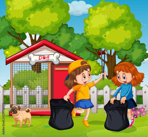 Happy Girls Collecting Trash at Garden