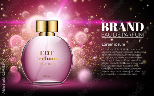 Beautiful Pink Bottle Womens Perfume Products. Cosmetic Fragrance. Spring Aroma Liquid. Blurred Light Bokeh Background. Baner Template on your text. 3d Vector Illustration