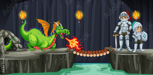 Knights Fight with Dragon in Dark Cave