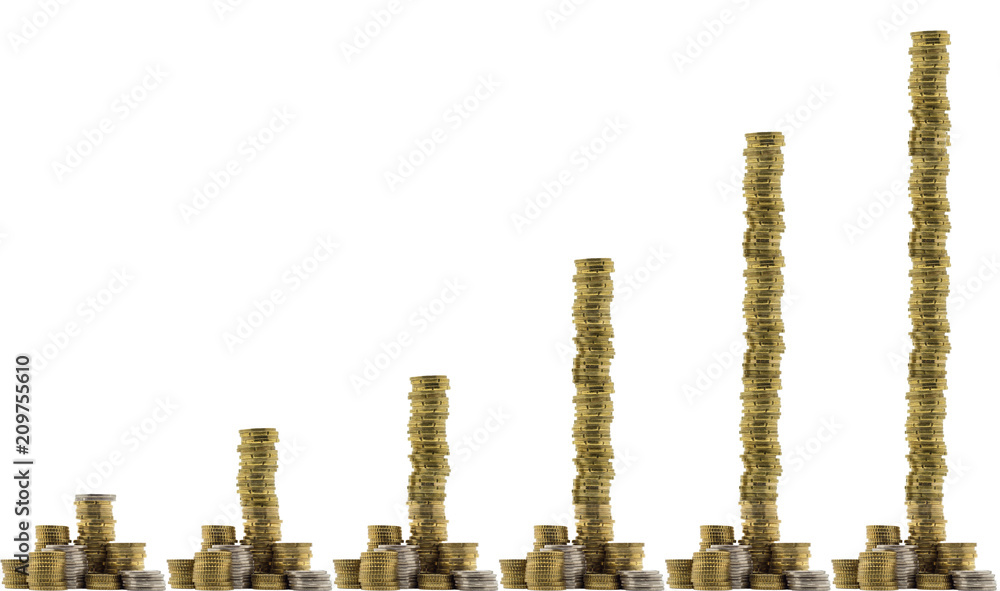Background with stack of gold and silver coins with growing rows. Isolated on a white background. Background with stack of gold and silver coins with growing rows. Isolated on a white background.
