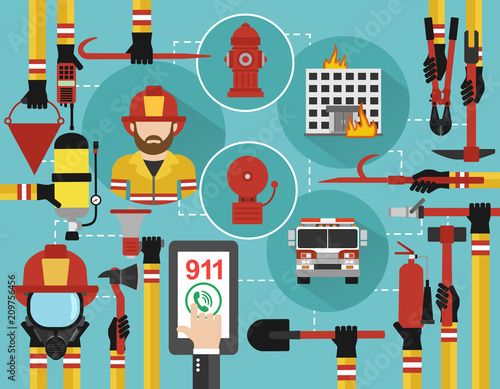 Fire Fighting infographic flat design with firefighter and fire engine.Vector illustration