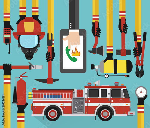 Fire Fighting infographic concept flat online call with fire engine.Vector illustration
