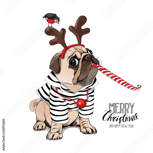 Christmas card. Pug Dog in a striped cardigan, in a horn deer mask and with a red funny party whistle blowing. Vector illustration.