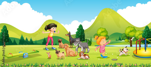 Young Girls Training the Dogs