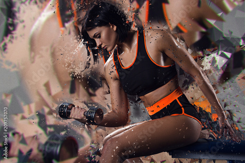 Принти на полотні double exposure of sporty woman with dumbbell. Transformation