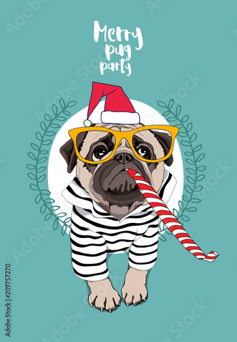 Christmas card. Pug Dog in a striped cardigan, in a red Santa's cap, yellow glasses and with a funny party whistle blowing. Vector illustration.